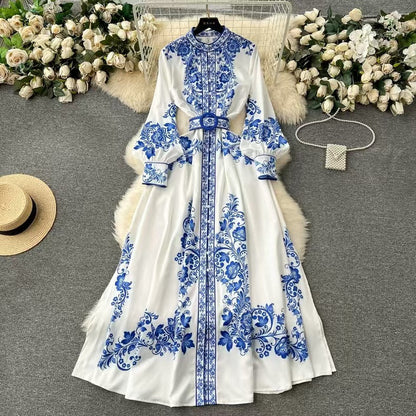 Women's Long Dress - High Collar - Belted Waist - Floral Pattern - Long Sleeves