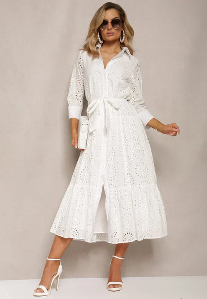 Women’s Midi Dress – Broderie Anglaise – Relaxed Fit – Belted Waist – Button Front – Collared
