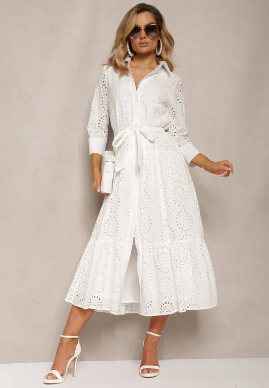 Women’s Midi Dress – Broderie Anglaise – Relaxed Fit – Belted Waist – Button Front – Collared