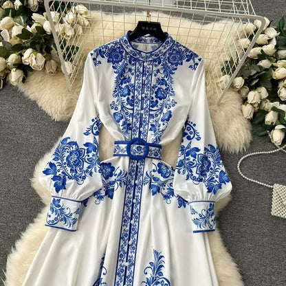 Women's Long Dress - High Collar - Belted Waist - Floral Pattern - Long Sleeves