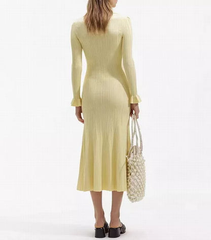 Women’s Maxi Dress – Knit Ribbed Fabric – Mermaid Fit – Ruffle Cuff – Button Front