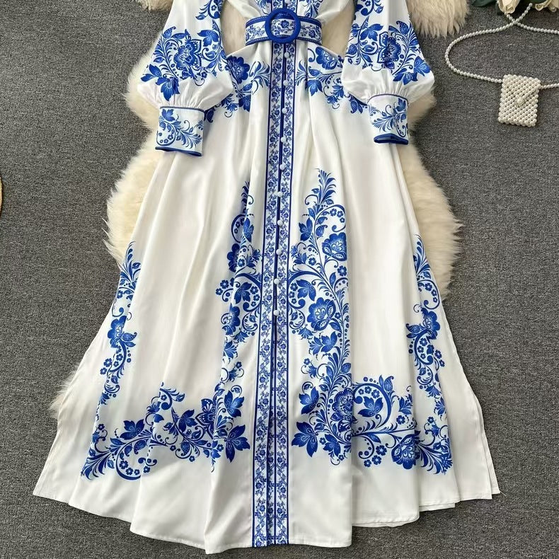 Women's Long Dress - High Collar - Belted Waist - Floral Pattern - Long Sleeves