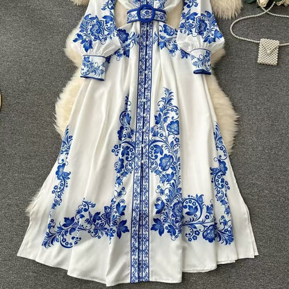 Women's Long Dress - High Collar - Belted Waist - Floral Pattern - Long Sleeves