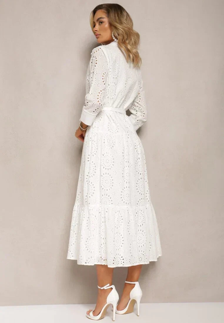 Women’s Midi Dress – Broderie Anglaise – Relaxed Fit – Belted Waist – Button Front – Collared