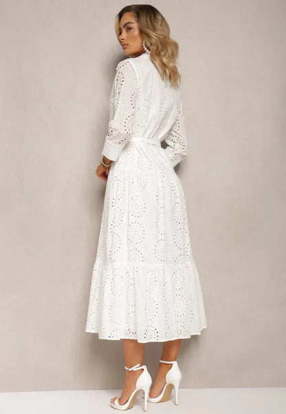 Women’s Midi Dress – Broderie Anglaise – Relaxed Fit – Belted Waist – Button Front – Collared