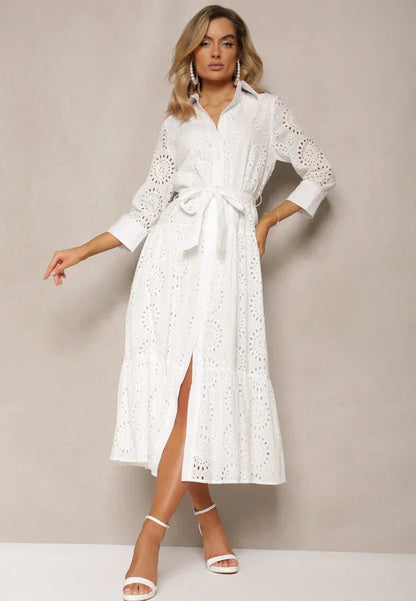 Women’s Midi Dress – Broderie Anglaise – Relaxed Fit – Belted Waist – Button Front – Collared