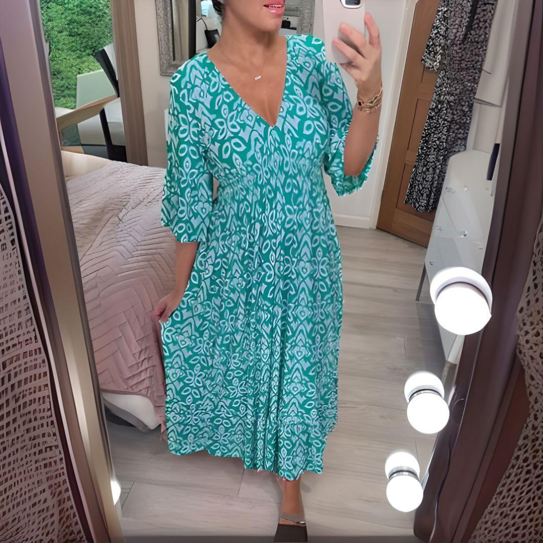 Women’s Maxi Dress – Boho Print – V-Neck – 3/4 Sleeve – Relaxed Fit – Breathable Blend