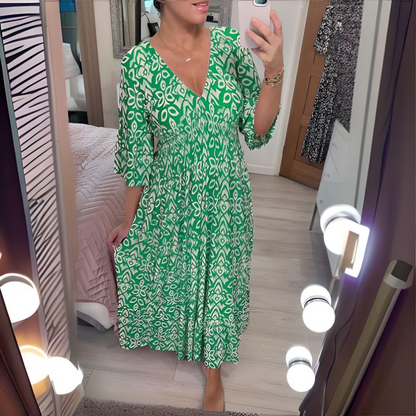 Women’s Maxi Dress – Boho Print – V-Neck – 3/4 Sleeve – Relaxed Fit – Breathable Blend