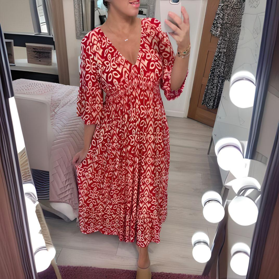 Women’s Maxi Dress – Boho Print – V-Neck – 3/4 Sleeve – Relaxed Fit – Breathable Blend