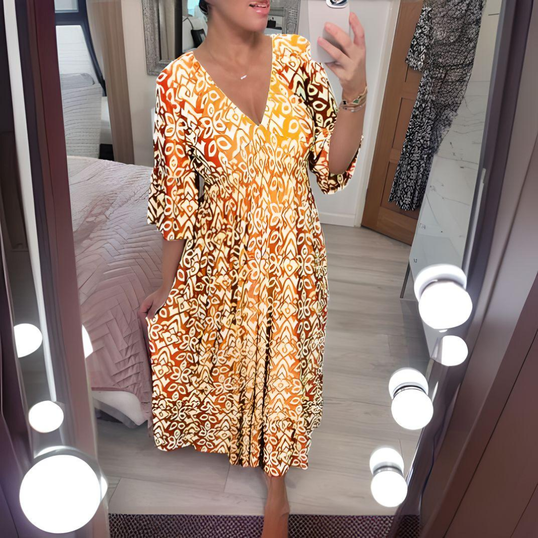 Women’s Maxi Dress – Boho Print – V-Neck – 3/4 Sleeve – Relaxed Fit – Breathable Blend
