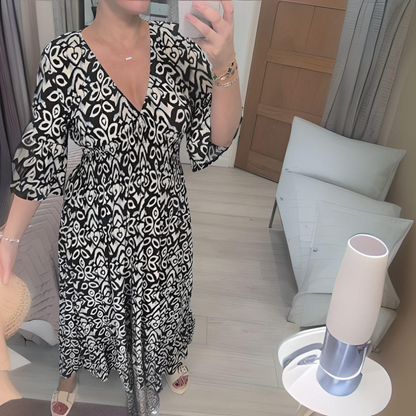 Women’s Maxi Dress – Boho Print – V-Neck – 3/4 Sleeve – Relaxed Fit – Breathable Blend