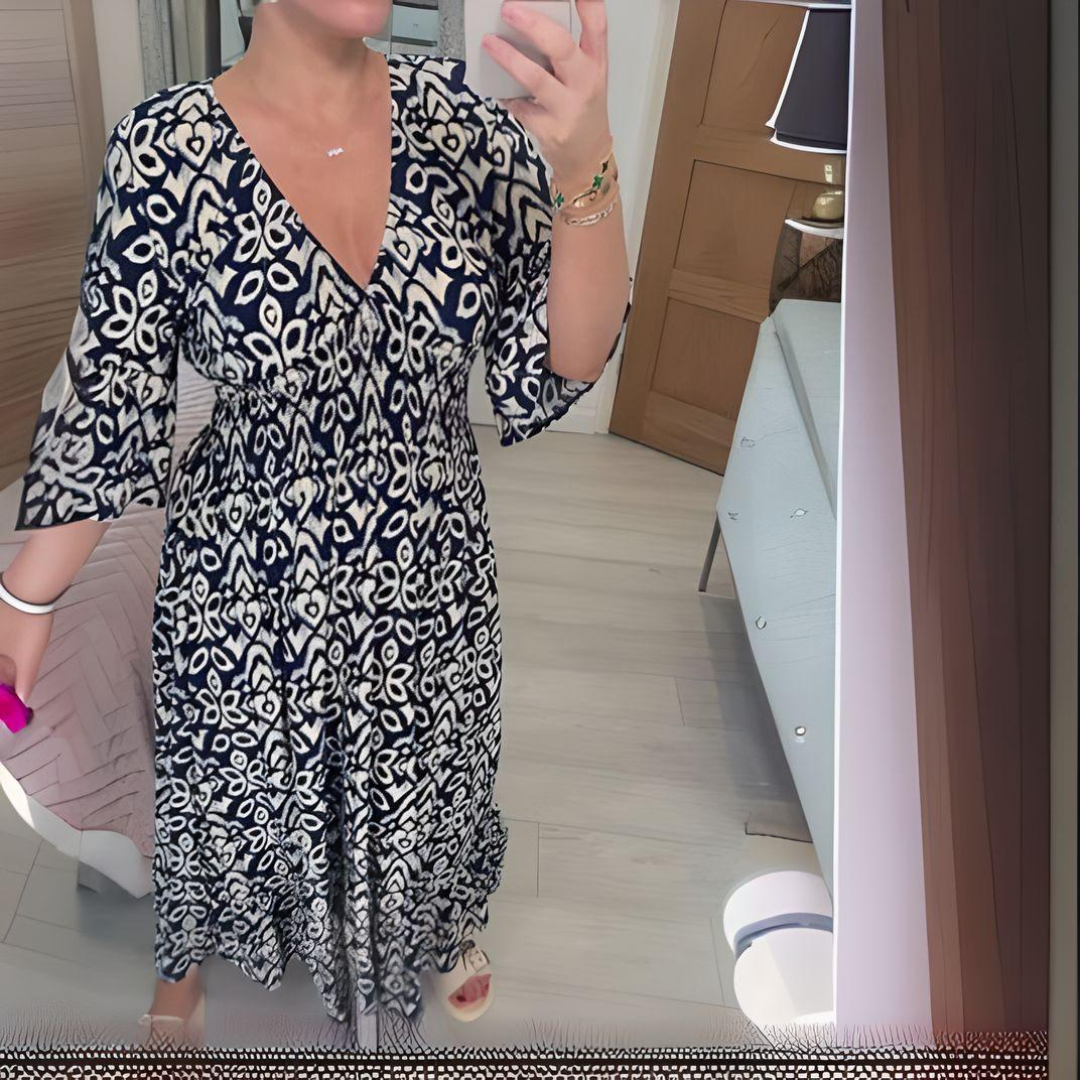 Women’s Maxi Dress – Boho Print – V-Neck – 3/4 Sleeve – Relaxed Fit – Breathable Blend