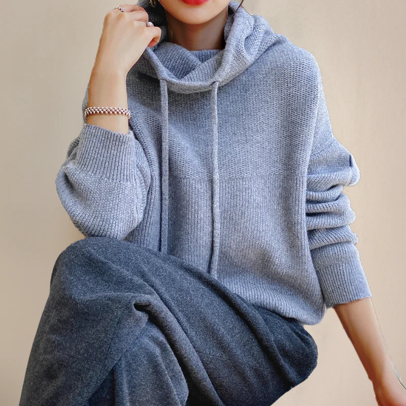 Women’s Turtleneck Sweater – Wool Knit – Oversized Fit – Drawstring Neck – Ribbed Hem