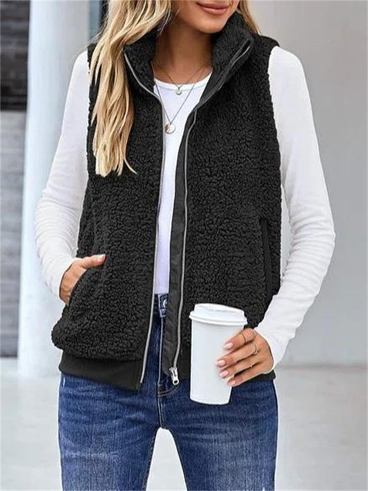 Women’s Sleeveless Jacket – Plush Fuzzy Texture – Relaxed Fit – Zip Front High Collar