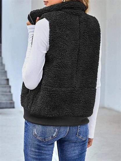 Women’s Sleeveless Jacket – Plush Fuzzy Texture – Relaxed Fit – Zip Front High Collar