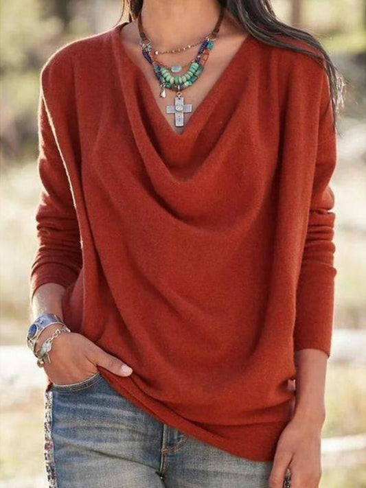 Women’s Knit Sweater – Soft Texture – V-Neck Draped – Relaxed Fit – Long Sleeve Casual