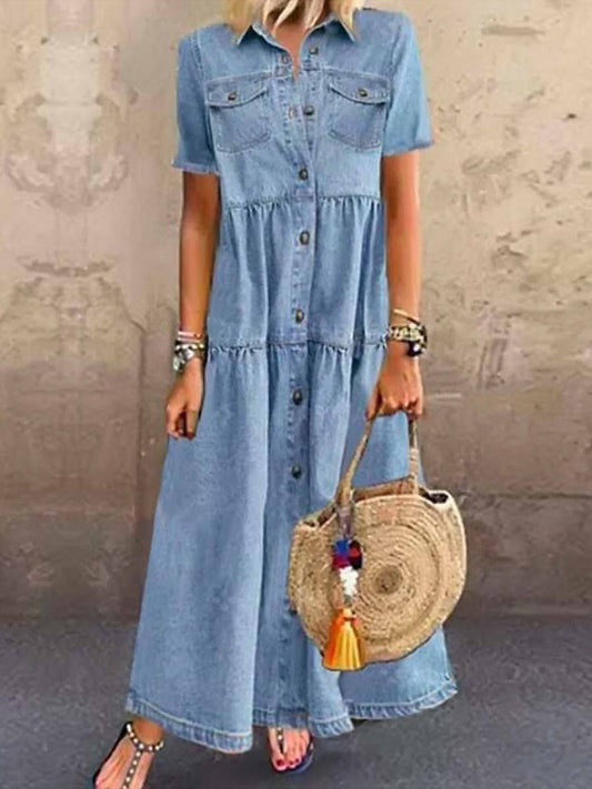 Women’s Maxi Shirt Dress – Relaxed Fit – Short Sleeve – Tiered Skirt – Button Front