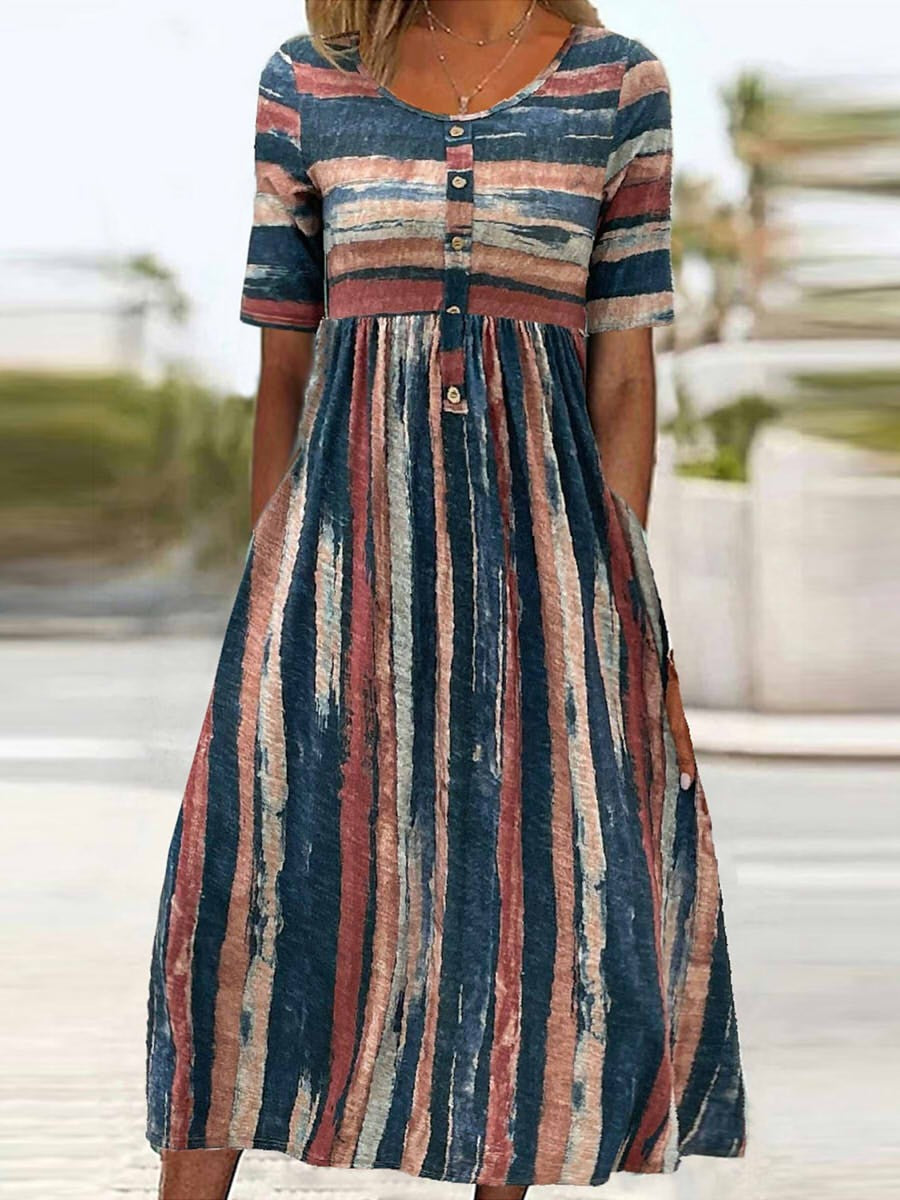 Women’s Midi Dress – Relaxed Fit – Stripe Print – Natural Fibers – Half Sleeve – Pockets