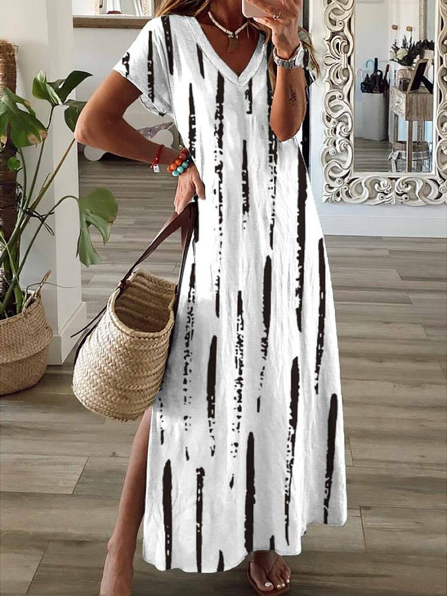 Women’s Maxi Dress – V-Neck – Relaxed Fit – Short Sleeve – Striped – Breathable Blend