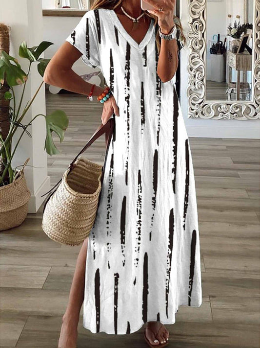 Women’s Maxi Dress – V-Neck – Relaxed Fit – Short Sleeve – Striped – Breathable Blend