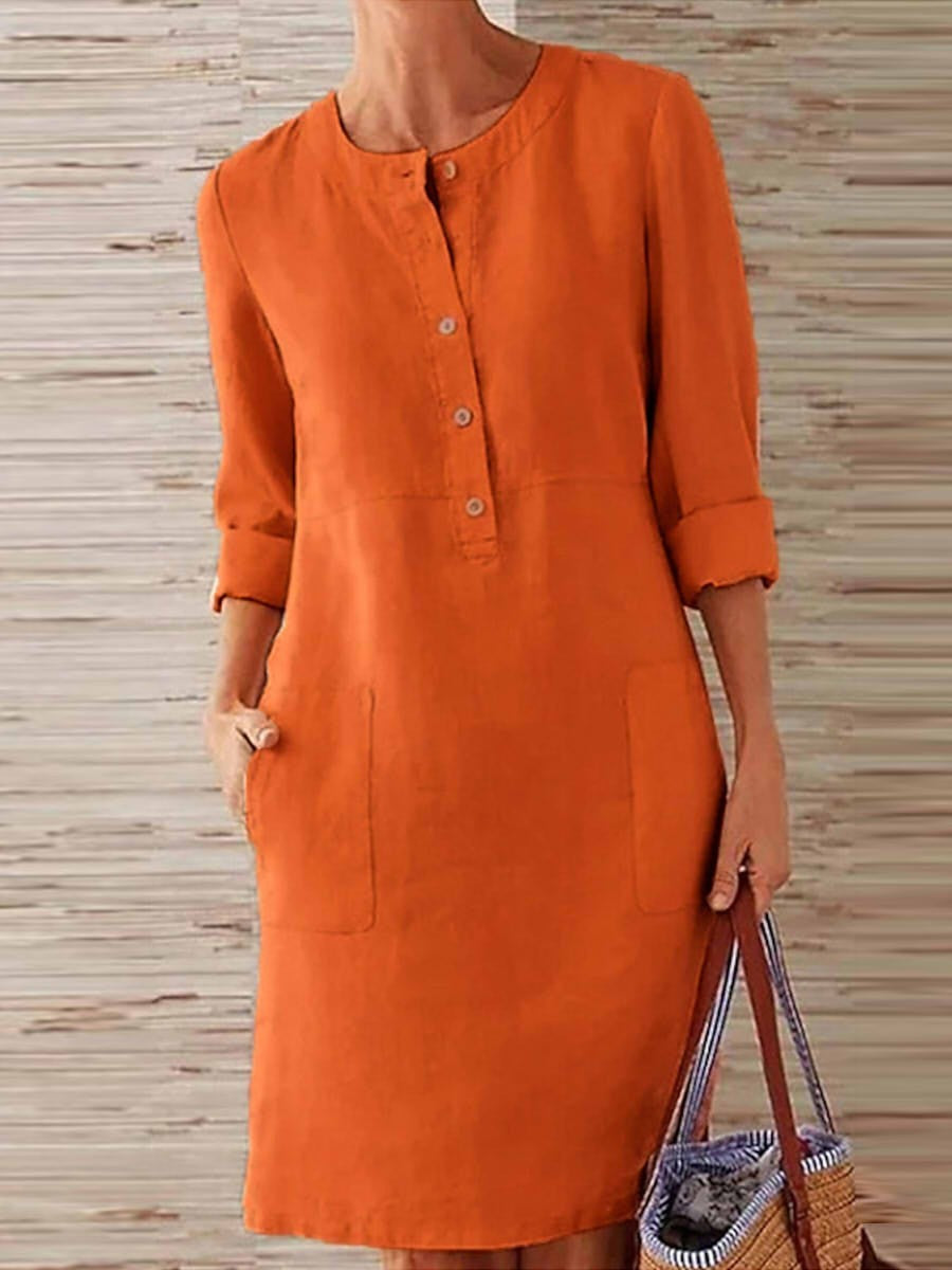 Women’s Casual Dress – Cotton Linen – Relaxed Fit – Button Front – Long Sleeve