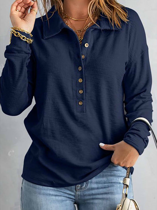 Women’s Blouse – Soft Knit – Relaxed Fit – Button-Up – Long Sleeve – Collared Casual Wear