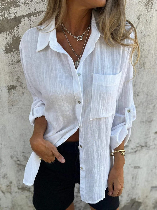 Women’s Long Sleeve Shirt – Relaxed Fit – Lapel Collar – Button-Down – Breathable Blend