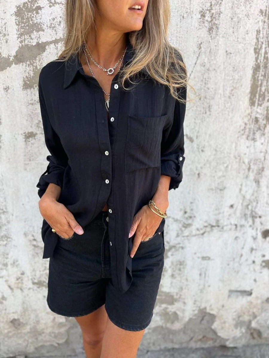 Women’s Long Sleeve Shirt – Relaxed Fit – Lapel Collar – Button-Down – Breathable Blend