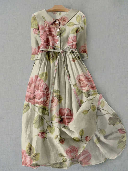 Women’s Midi Dress – Vintage Floral Print – Cotton Blend – A-Line – Belted Waist