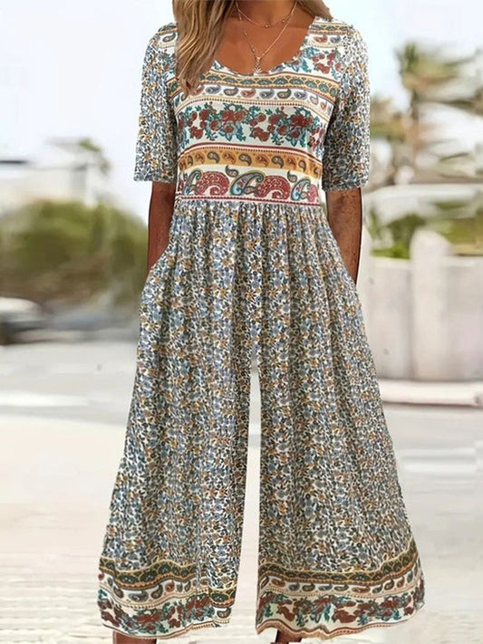 Women’s Jumpsuit – Loose Fit – V-Neck – Short Sleeve – Boho Print – Breathable Blend