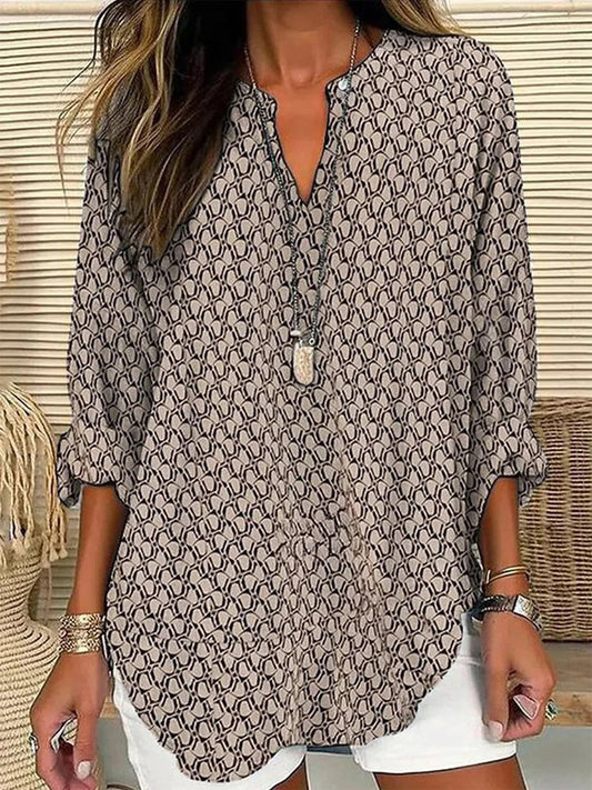 Women’s Blouse – Loose Fit – V-Neck – Long Sleeve – Geometric Pattern