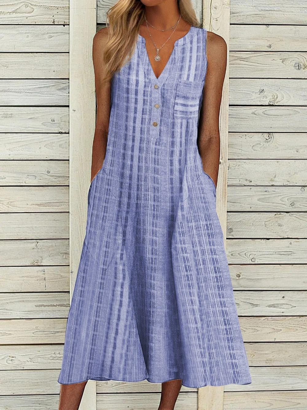 Women’s Sleeveless Dress – Breathable Blend – V-Neck – Button Front – Midi Length – Relaxed Fit – Side Pockets – Vertical Stripes