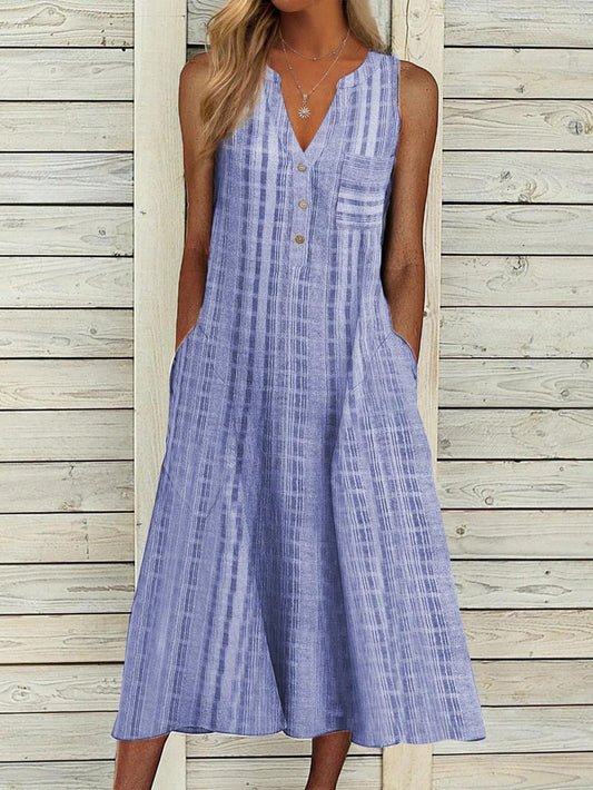 Women’s Sleeveless Dress – Breathable Blend – V-Neck – Button Front – Midi Length – Relaxed Fit – Side Pockets – Vertical Stripes