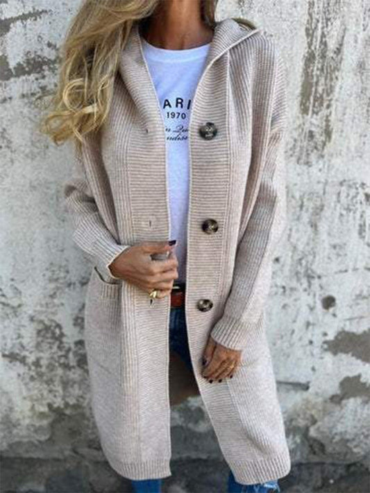 Women’s Knitted Jacket – Relaxed Fit – Hooded – Button Front – Ribbed Texture – Longline