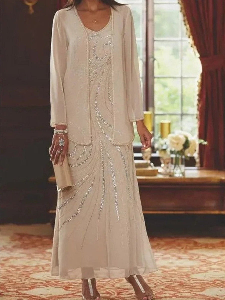 Women’s Sheath Dress with Jacket – Embellished Silk Feel – Ankle Length Formal Set