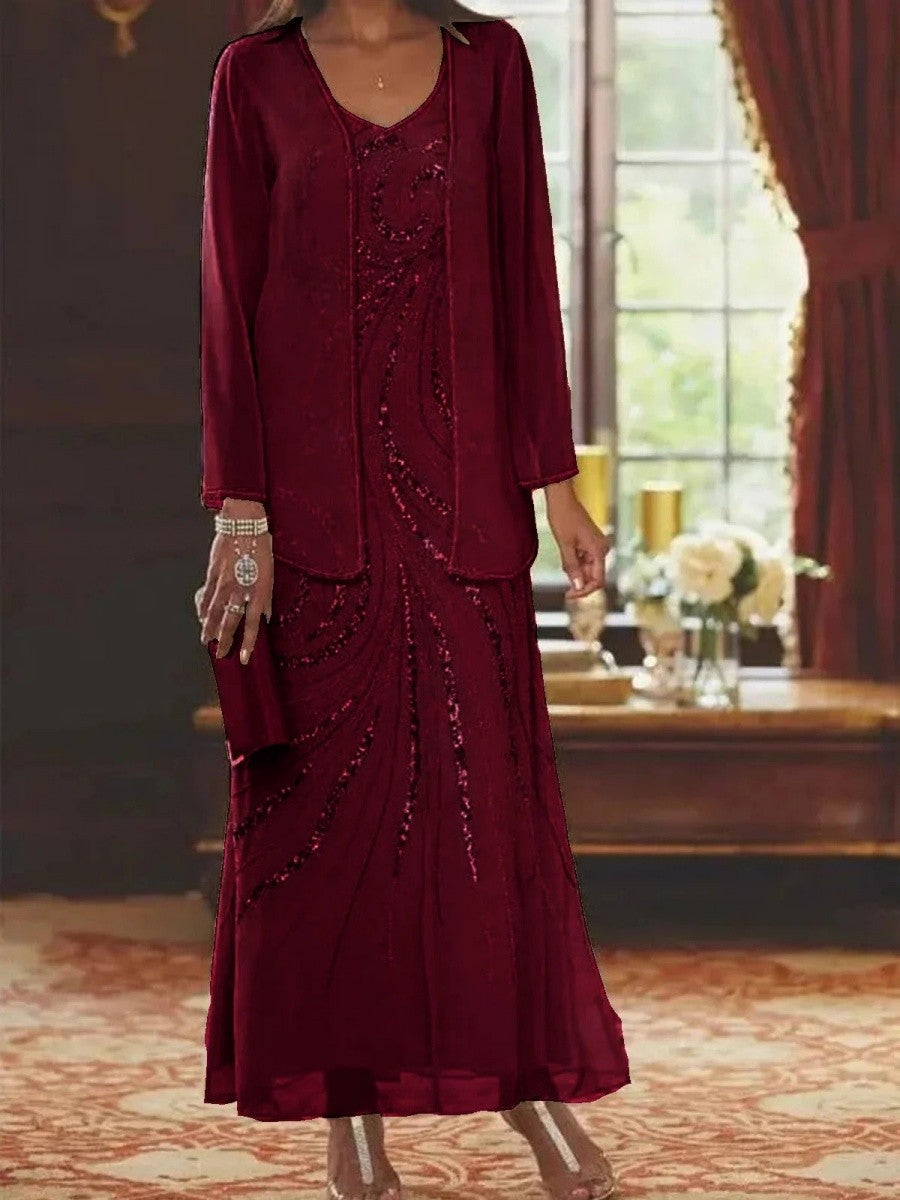 Women’s Sheath Dress with Jacket – Embellished Silk Feel – Ankle Length Formal Set