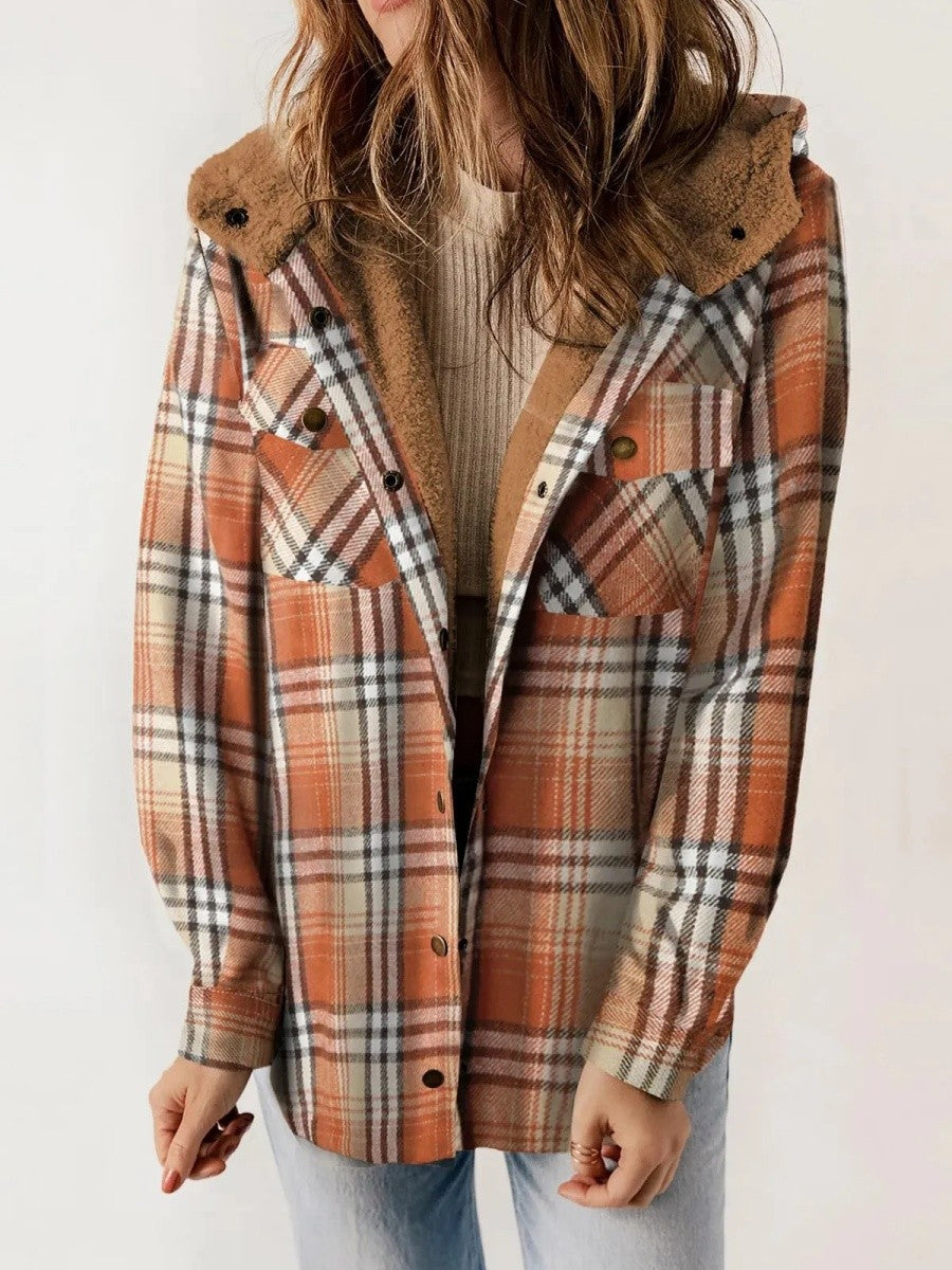 Women’s Shacket – Relaxed Fit – Fleece Lined – Plaid – Hooded Button Front Layer