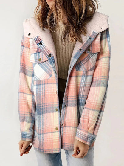 Women’s Shacket – Relaxed Fit – Fleece Lined – Plaid – Hooded Button Front Layer