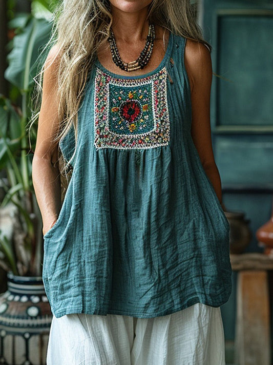 Women's Sleeveless Top – Relaxed Fit – Embroidered Front – Natural Fibers – Tunic Length