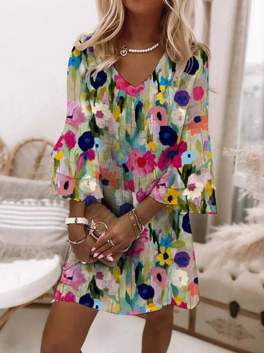 Women’s Mini Dress – Floral Print – V-Neck – 3/4 Sleeve – Relaxed Fit – Breathable Blend