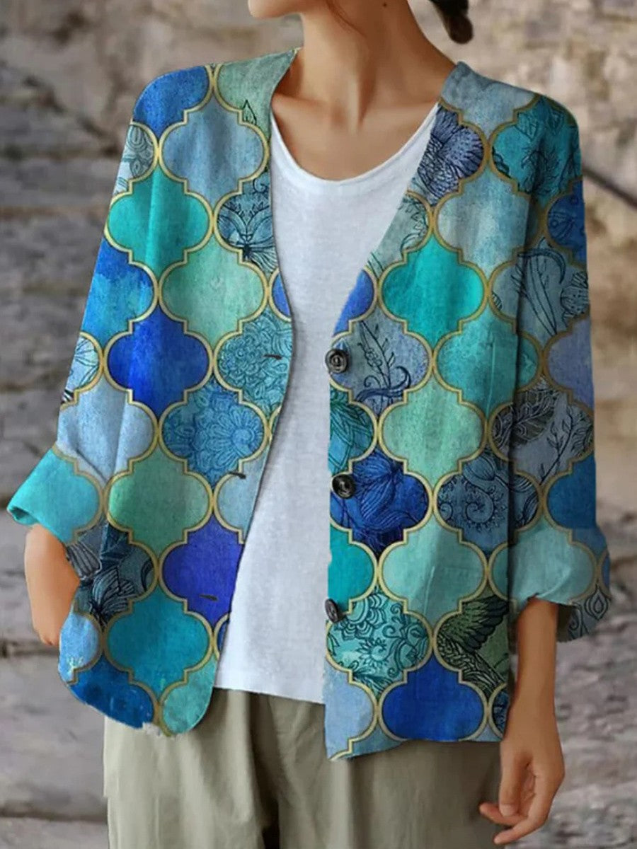 Women’s Outerwear Jacket – Relaxed Fit – 3/4 Sleeve – Button Down – Geometric Pattern
