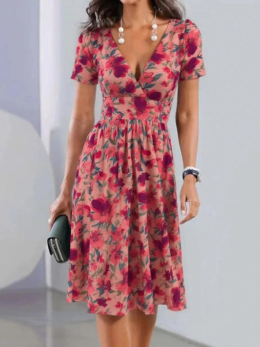 Women’s Midi Dress – V-Neck – Floral Print – Cinched Waist – Breathable Blend – A-Line Fit