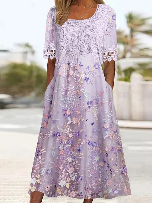 Women’s Midi Dress – Relaxed Fit – Lace Bodice – Floral Embroidery – Side Pockets