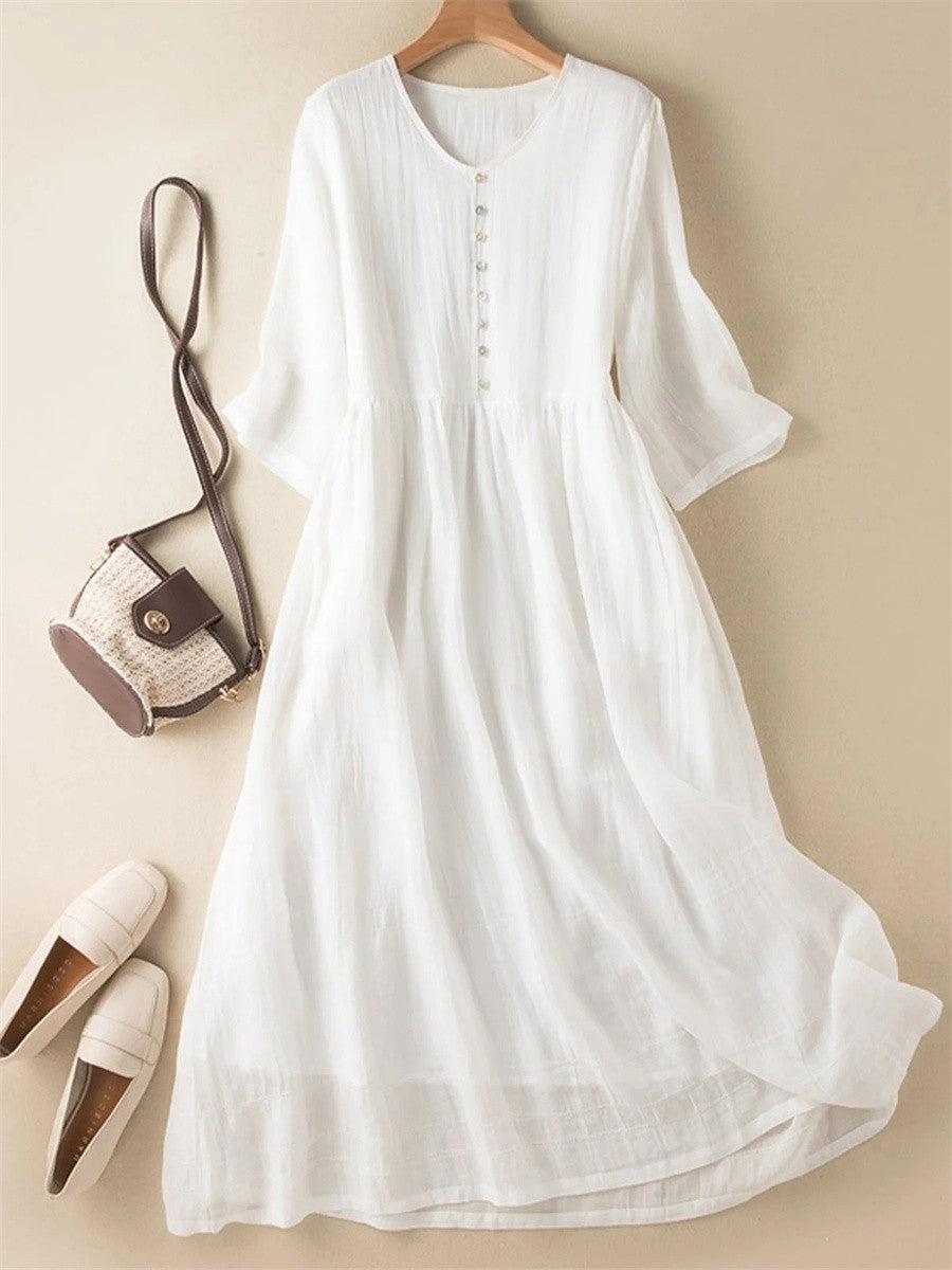 Women’s Midi Dress – Breathable Blend – Relaxed Fit – V-Neck – Button Front – Half Sleeve