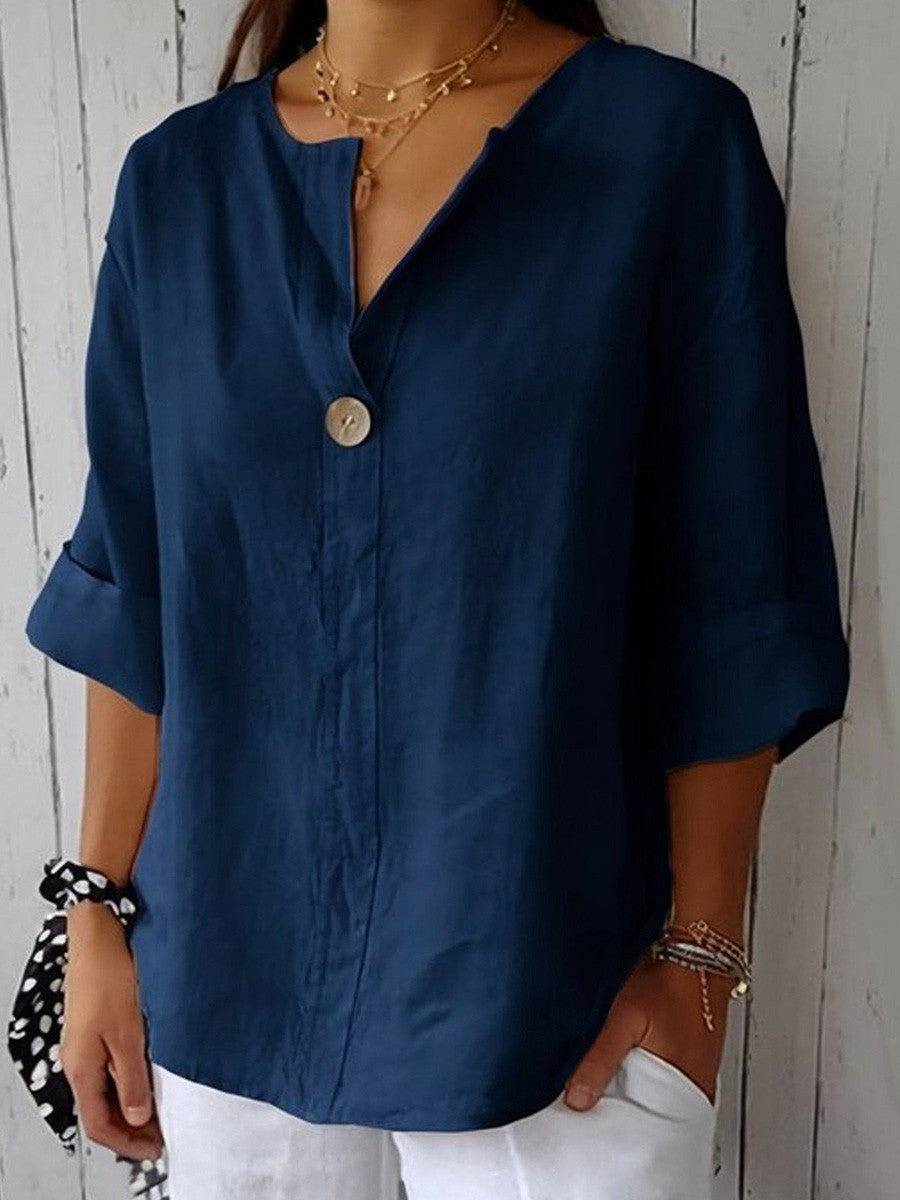 Women’s Blouse – V-Neck – 3/4 Sleeve – Relaxed Fit – Cotton Blend – Casual Style