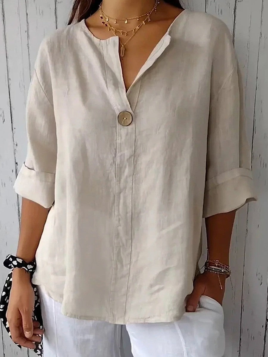Women’s Blouse – V-Neck – 3/4 Sleeve – Relaxed Fit – Cotton Blend – Casual Style