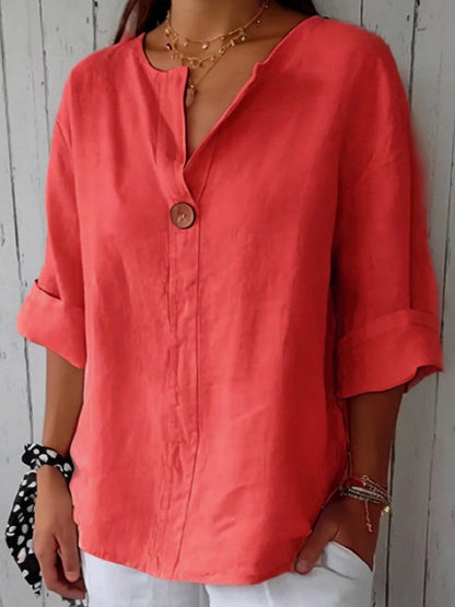Women’s Blouse – V-Neck – 3/4 Sleeve – Relaxed Fit – Cotton Blend – Casual Style