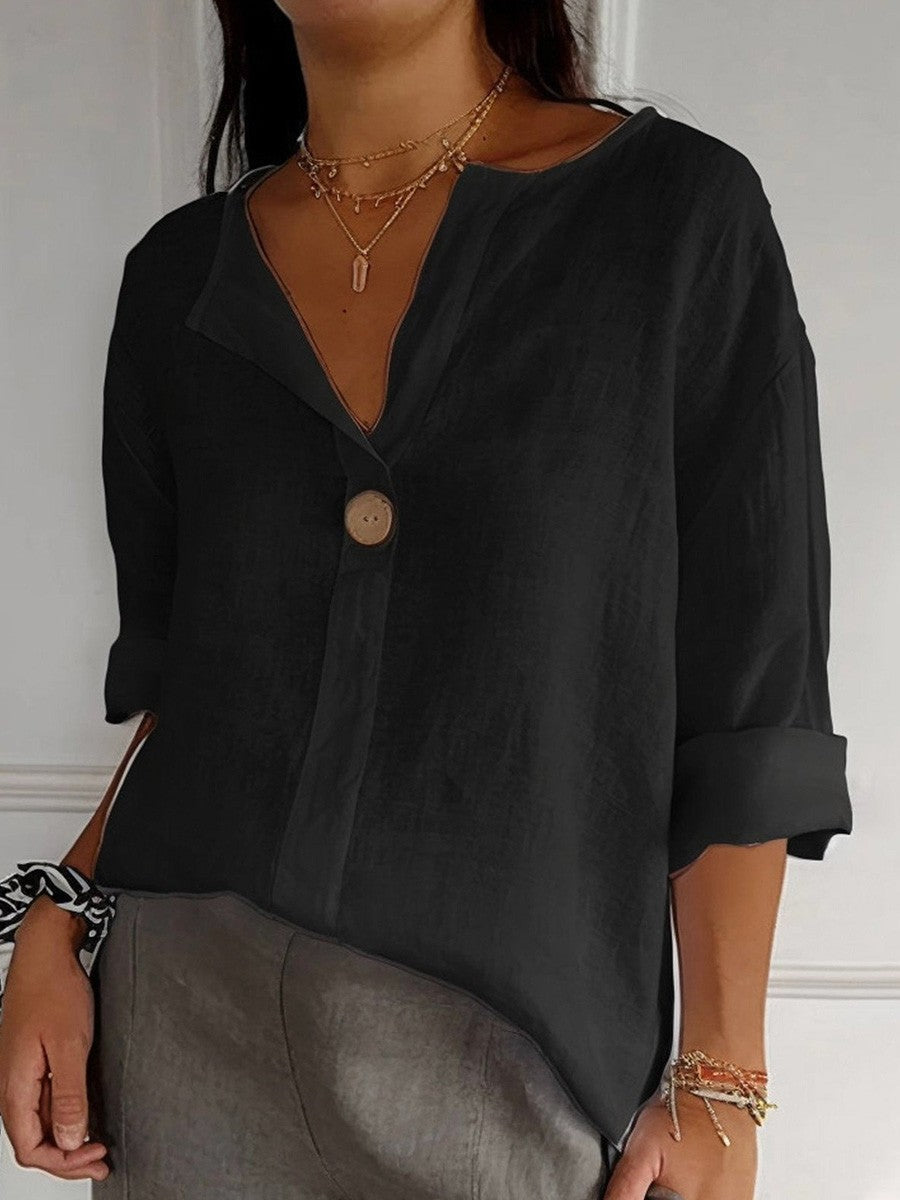 Women’s Blouse – V-Neck – 3/4 Sleeve – Relaxed Fit – Cotton Blend – Casual Style