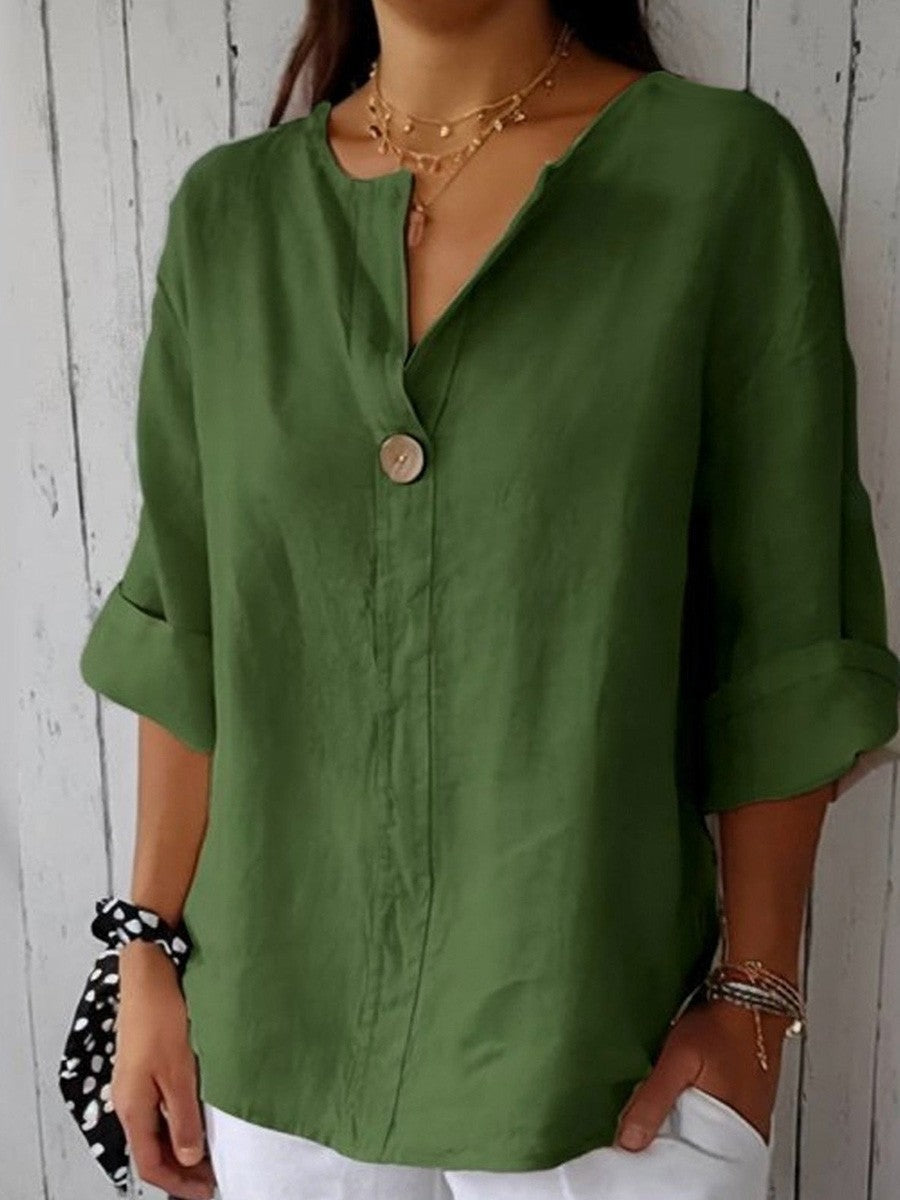 Women’s Blouse – V-Neck – 3/4 Sleeve – Relaxed Fit – Cotton Blend – Casual Style