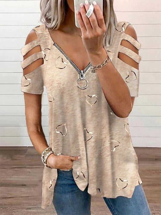 Women’s Blouse – Relaxed Fit – V-Neck Zipper – Short Sleeve – Heart Print – Breathable Blend